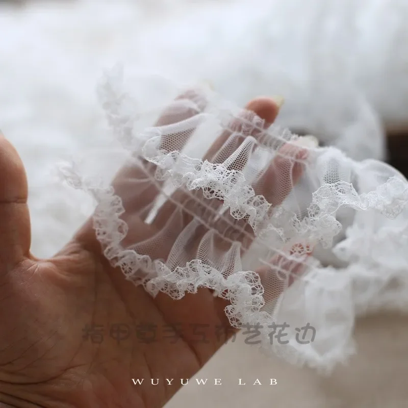 2M White Ruffle Pleated Embroidered Mesh Lace Trim Fabric 5cm Wide for DIY Fabric Wedding Garment Sewing Craft
