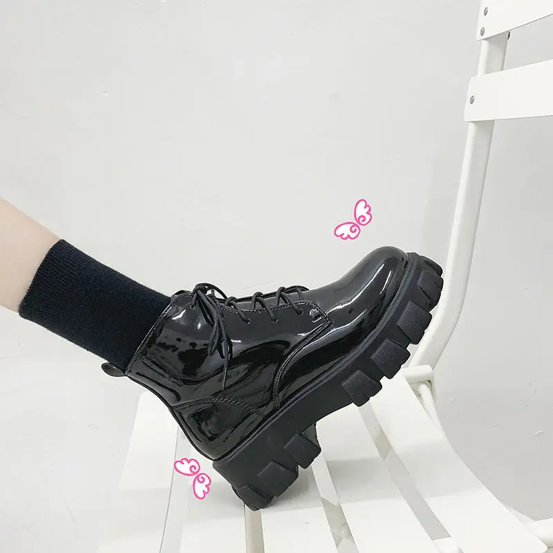 Rock Shoes Woman Ankle Boots  Black Patent Leather Platform Female Luxury Designer Boots Low Heels Booties Round Toe Short Mid