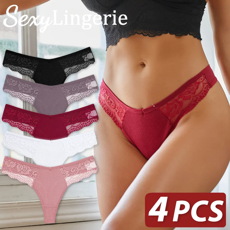 FINETOO 4PCS Set Sexy Cotton Lace Thong Women Solid Low Waist G String finetoo-4pcs-set-sexy-cotton-lace-thong-women-solid-low-waist-g-string