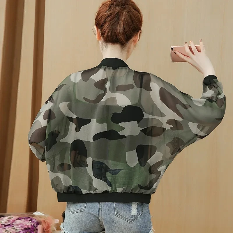 Casual Thin Camouflage Summer Jackets Women Oversize Chiffon Short