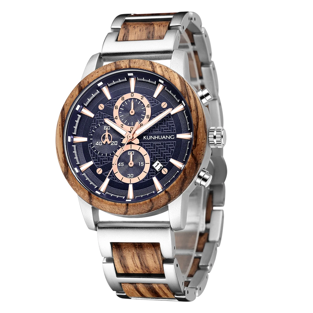 

KUNHUANG Wood Watches Luxury Luminous Multi-function Wooden Men's Quartz Retro Watch Fashion Sport Timepieces Zegarek męski