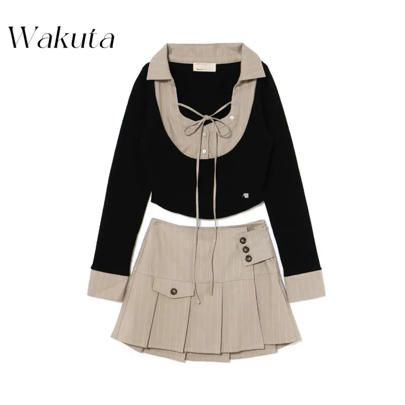 WAKUTA Japanese Sweet Lapel Tied Long Sleeve Shirt Style Top Temperament Striped Pleated Mini Skirt Irregular 2-piece Set Spring 6