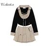 WAKUTA Japanese Sweet Lapel Tied Long Sleeve Shirt Style Top Temperament Striped Pleated Mini Skirt Irregular 2-piece Set Spring 6