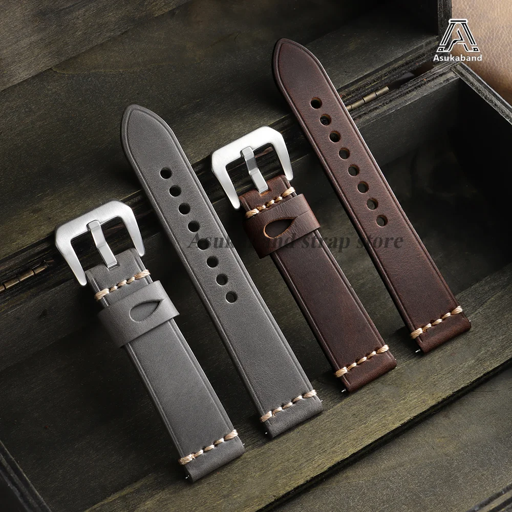 Vintage Crazy Horse Oil Wax Leather Watch Strap with Pin Buckle - Universal Men's Accessory