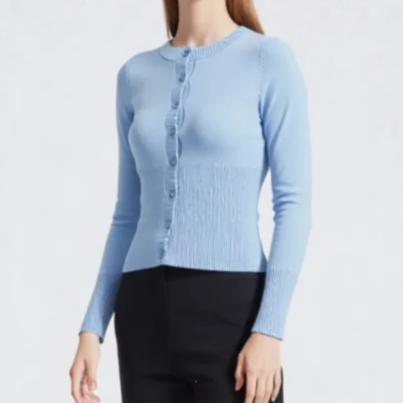 N2025 Long Sleeve Ribbed Patchwork Slim Elegant Loose Casual Knit Cardigan Top for Women Cropped Top Female Knitwear Cardigan