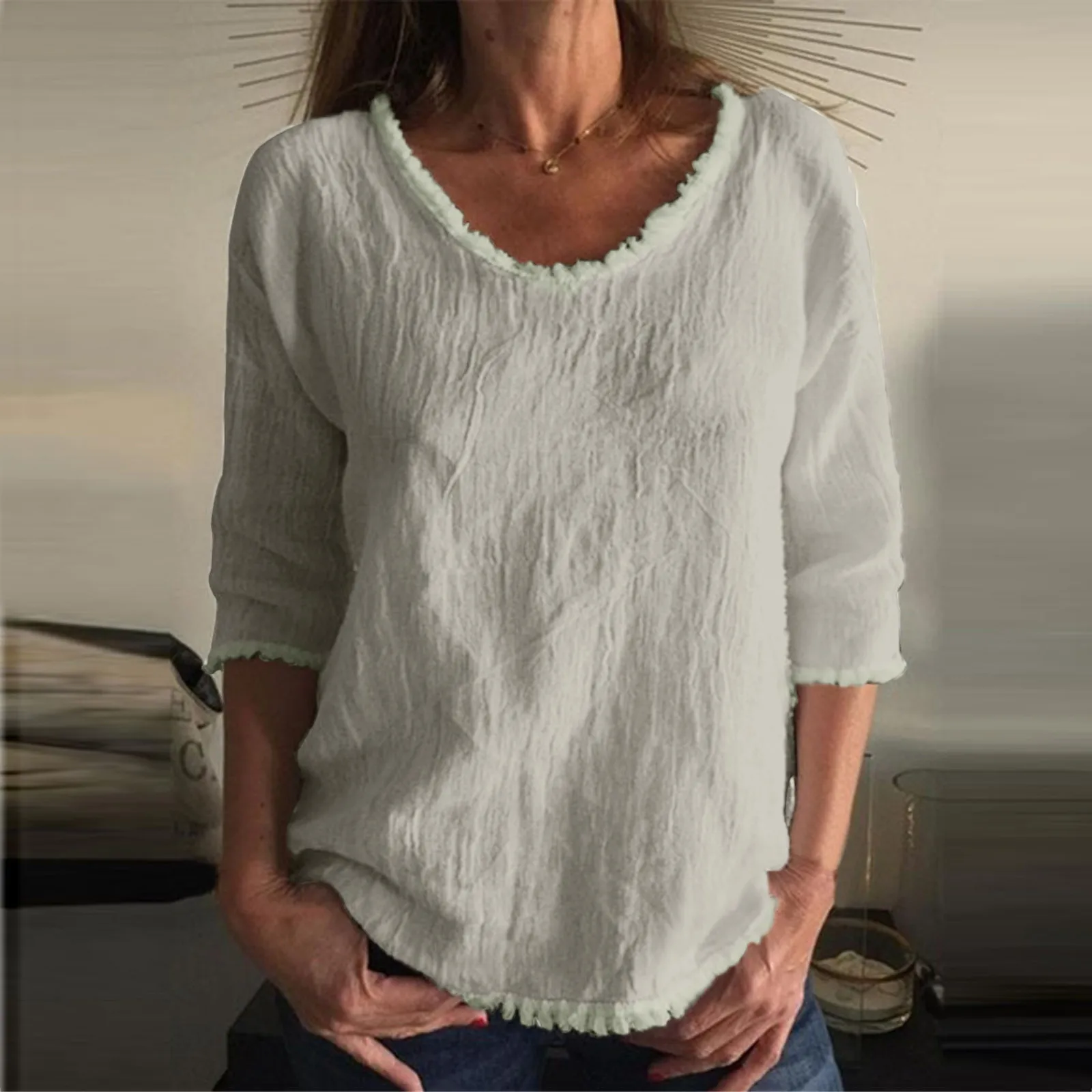 

Women Solid Color Fringed Crew Neck Three Quarter Sleeve Top Button up Women