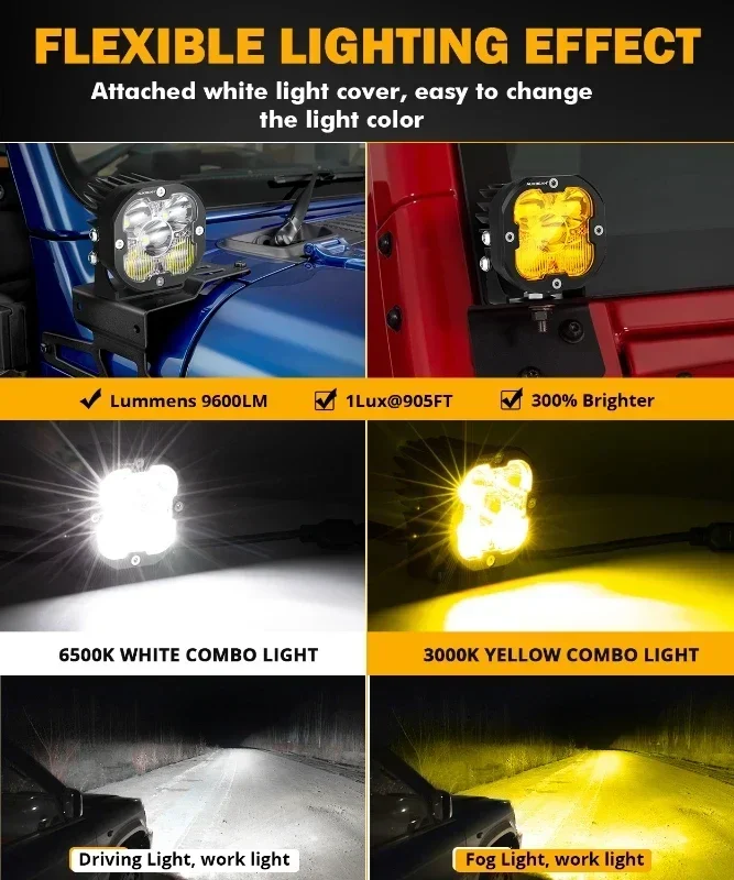 Auxbeam 3인치 80W LED 작업등 3000K 앰버 & 6500K 화이트 스팟/플러드/콤보 안개등 드라이빙 라이트 포드 (DT 하네스 포함) 트럭 오프로드용