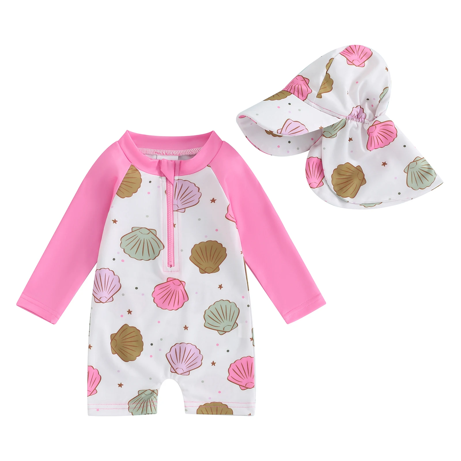 Kids Baby Girls Boys Beach Swimwear Floral/Tropical Tree Print Long Sleeve Zip Up Rompers Swimsuit Bathing Suits with Hat 2