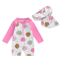 Kids Baby Girls Boys Beach Swimwear Floral/Tropical Tree Print Long Sleeve Zip Up Rompers Swimsuit Bathing Suits with Hat 2