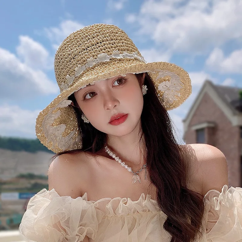

Korean Straw Hat Women's Summer Retro Lace Flower Straw Visor Fashion Casual Outdoor Vacation Sun Protection Foldable Sun Cap