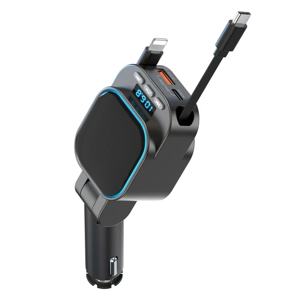 Cigarette lighter type car bluetooth MP3 player lossless sound quality double telescopic cable car charger charging automatic