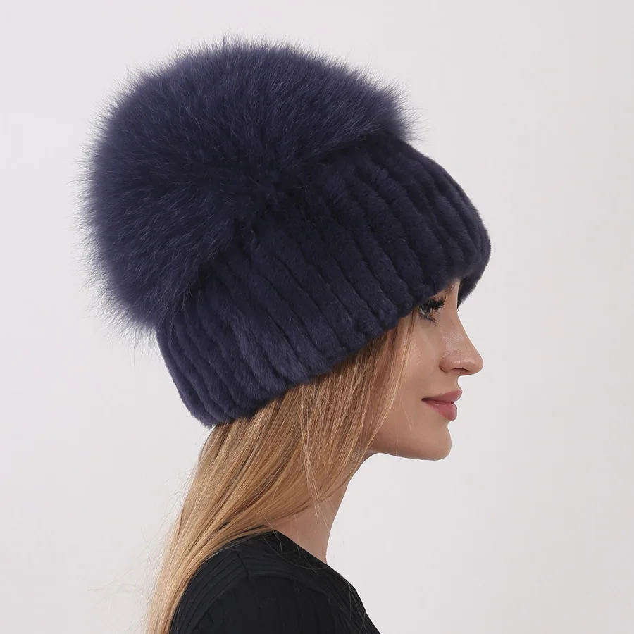 Winter natürliche Kaninchen Pelzmütze russische Frauen Echtpelz Fuchs Pompon gestrickt warme Hüte – Detail 8