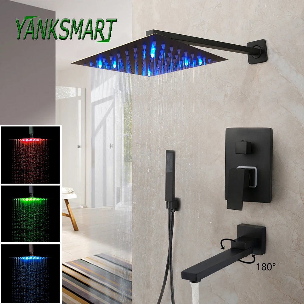 

YANKSMART LED Light Matte Black Bathroom Shower Faucet Set 8~16 Inch Square Rainfall Shower 3 Ways Mixer Water Tap Combo Kit