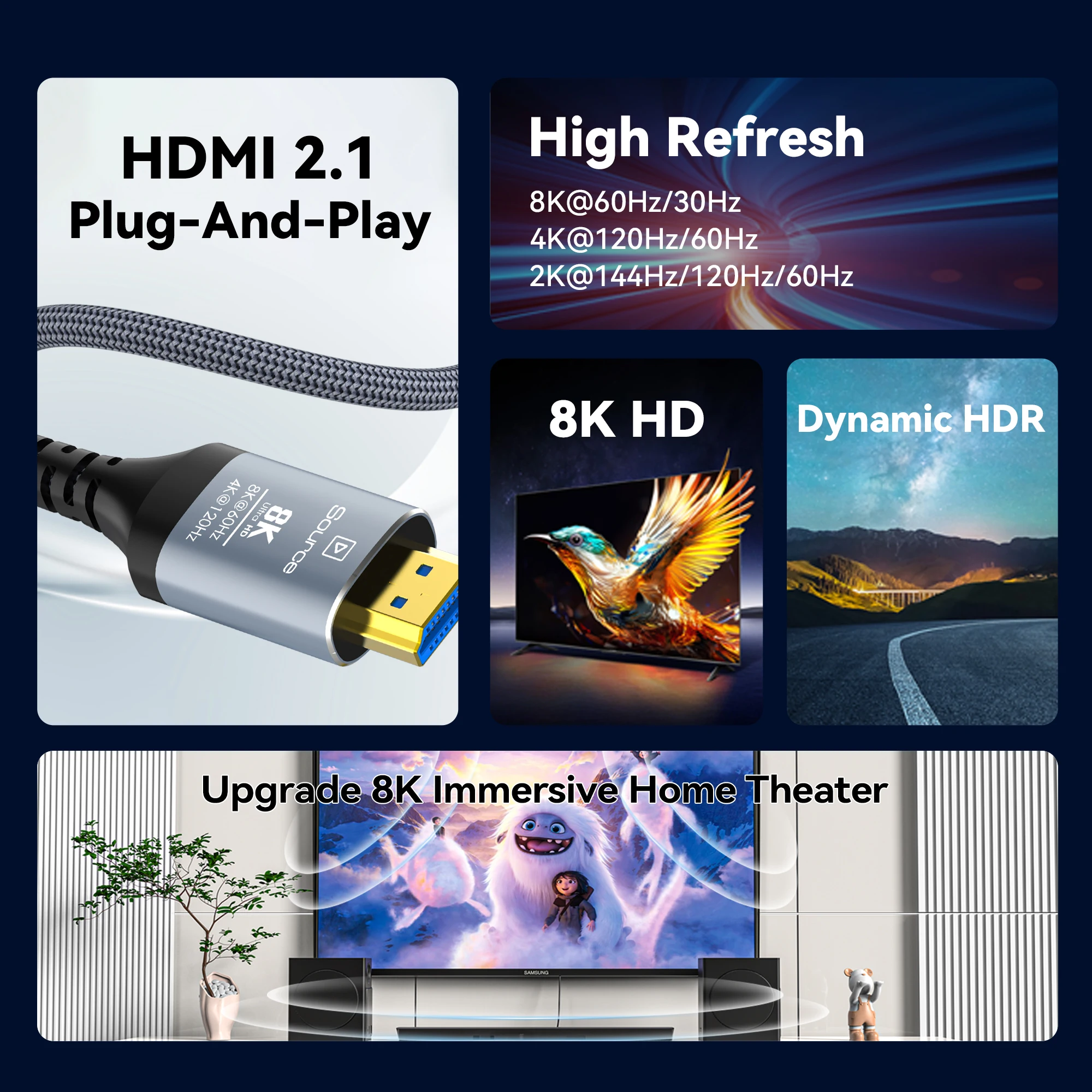 CYANMI HDMI 2.1 ȣȯ  ̺, HD TV ڽ  Ps5 , 8K @ 60Hz, 4K @ 120Hz, 48Gbps HDR HDCP 80m 100m