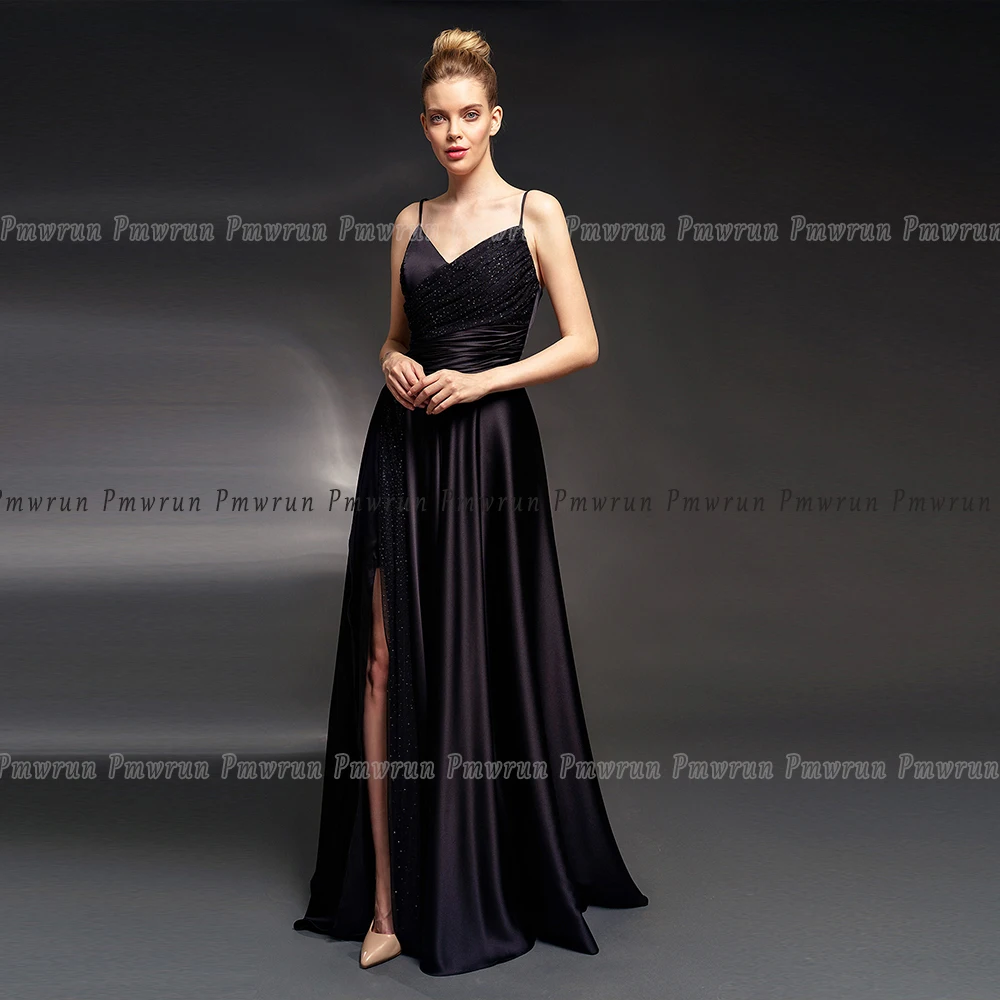 

Черные атласные вечерние платья с Боковым Разрезом на бретельках, плиссированные платья до пола, простые свадебные платья-трапеции, платья для вечеринки