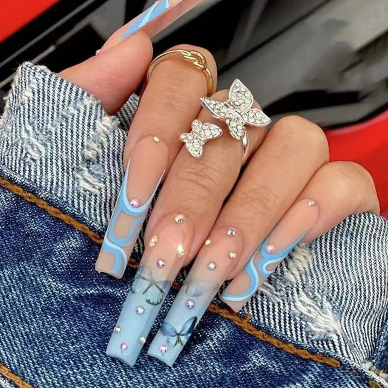 long nail designs with rhinestones