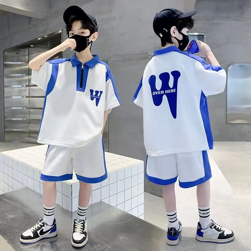 

Big Boy Short Sleeve T Shirt + Shorts Sport 2PC Sets Summer Children's Clothing Teenage Kids Big W Print Grey Outfits 5-14Years