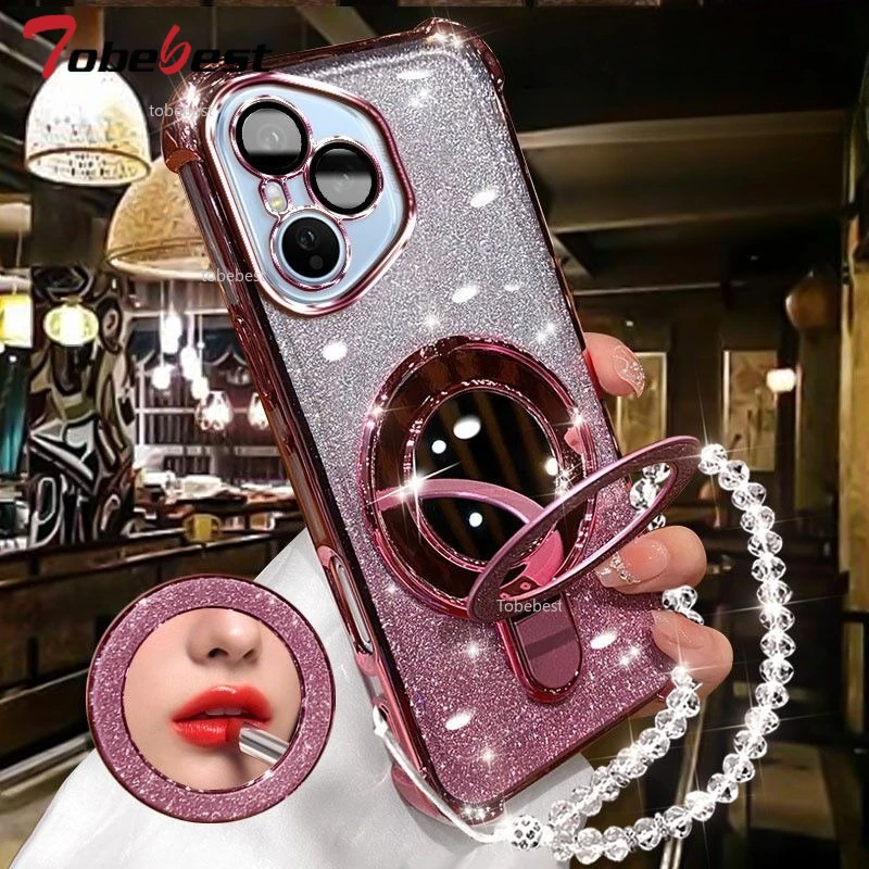 Glitter Plating Mirror Phone Case with Magnetic Holder and Bracelet Cover