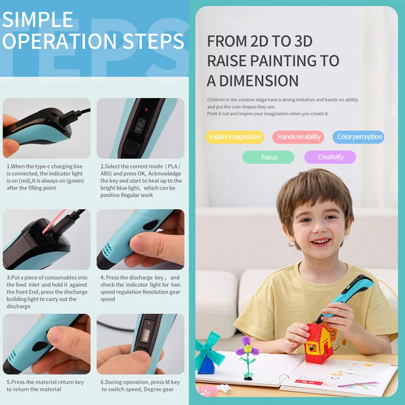 Kids 3D Printing Pen with LCD Display 0.7mm Diameter 1.75mm PLA Support DIY Drawing