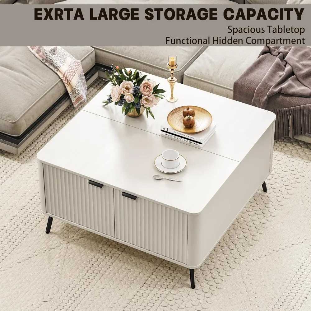 Coffee Table, Lift Top Coffee Table for Living Room, 35.4" Square Coffee Table with Storage, Modern Fluted Center Table with Hid 5
