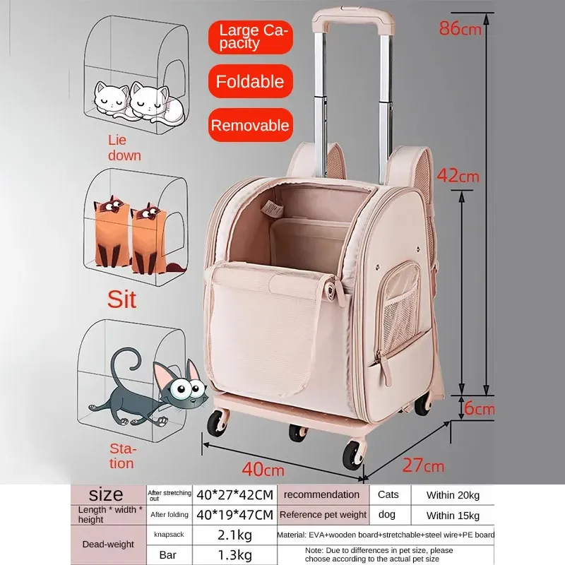 Cat Bag Roller Case Pink Backpack Cat Go Out Carrying Case Pet Suitcase Mute Dog Roller Case Ventilated Removable Cushion