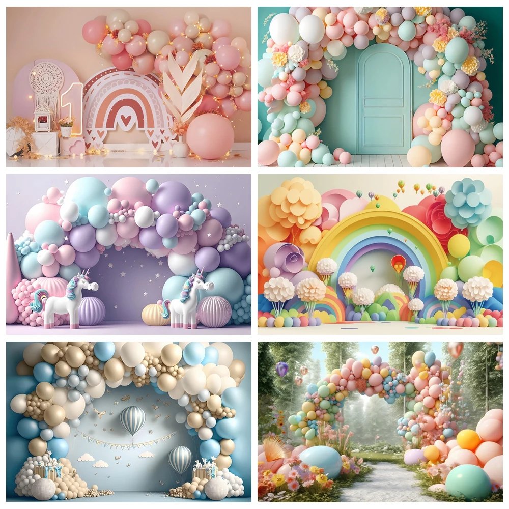 

Baby 1st Birthday Backdrop for Photography Colorful Balloon Arched Door Butterfly Candy Castle Custom Party Decoration Banner