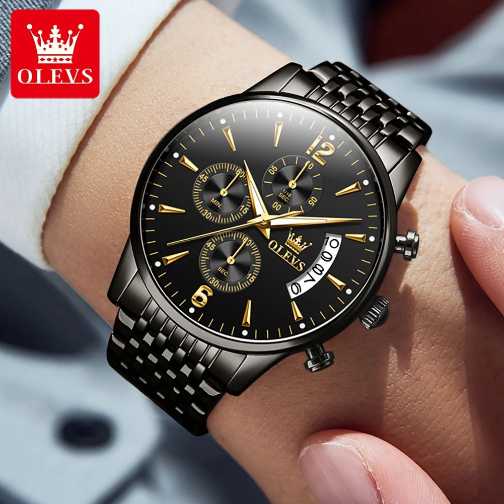 OLEVS Fashion Mens Watches Top Brand Luxury Stainless Steel Waterproof Sport Chronograph Quartz Watch for Men Relogio Masculino