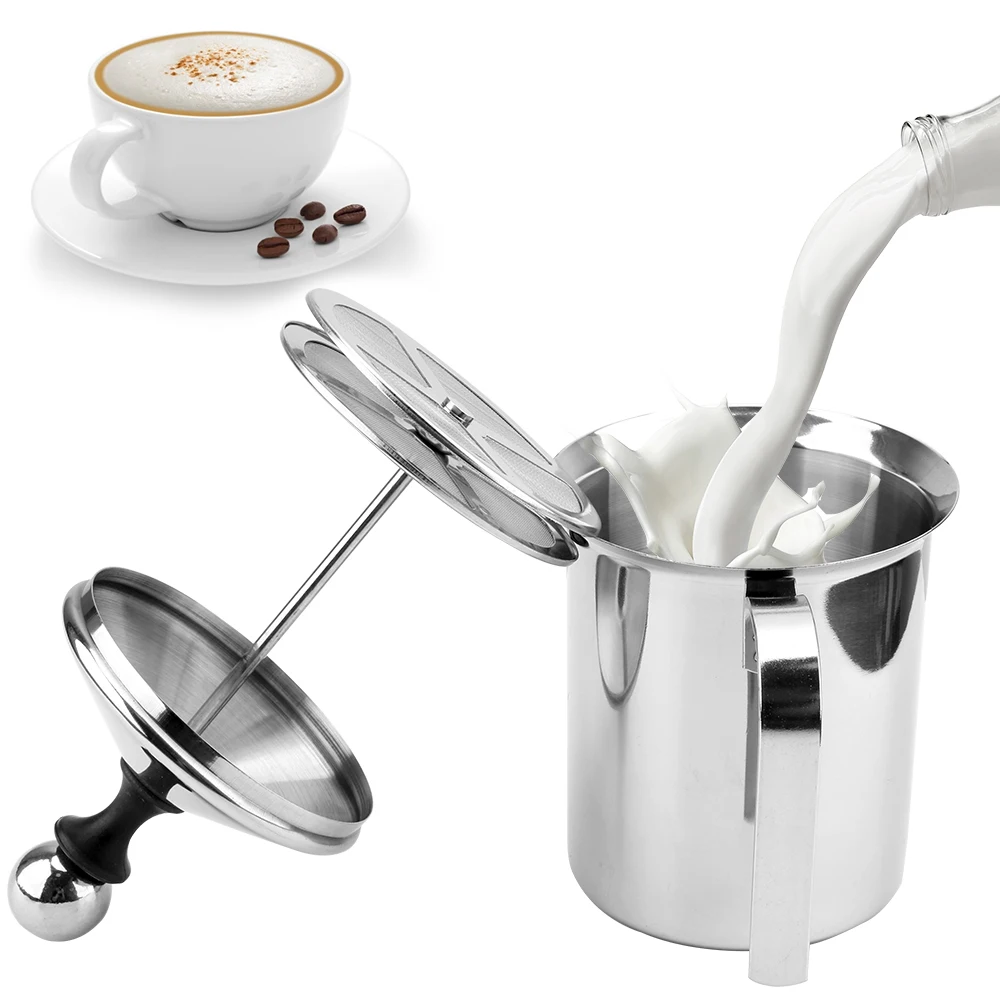 Manual Milk Creamer Hand Pump Frother Cappuccino Latte Coffee Foam Pitcher  with Handle, Lid, Double Layer Filter Screen, Stainless Steel, 17-Ounce