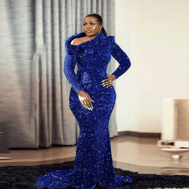 Plus Size Royal Blue Mermaid Evening Dresses Sexy Long Sleeves