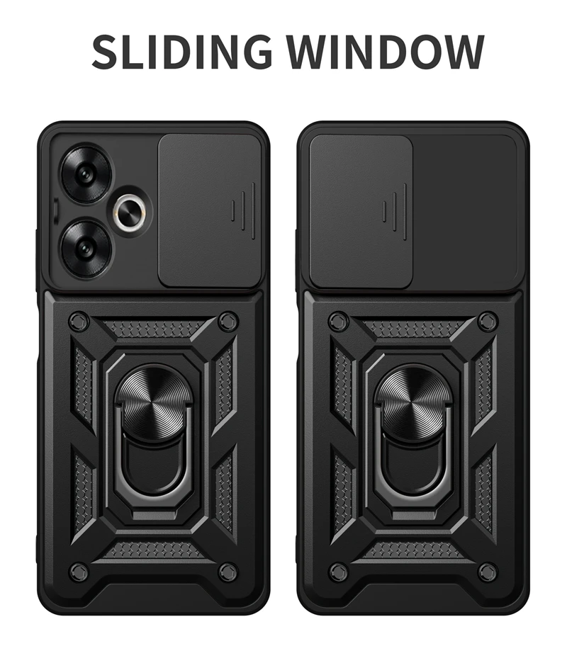 Slide Lens Protect Phone Case with Metal Ring Stand and Armor Back Cover