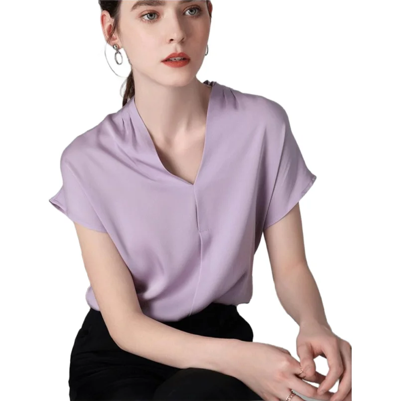 

Office Lady Tops Summer Short Sleeve Satin Blouse ice silk Shirts Fashion Simple Solid Casual Loose Shirt Blusas 6XL 7XL
