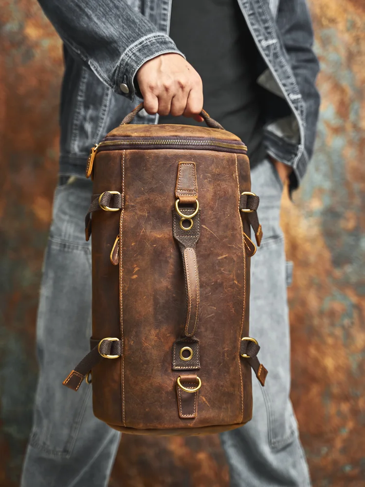 NASVA Genuine Leather Men's Multifunctional Bag Vintage Backpack Crossbody Handbag Tote Cylinder Bag 3