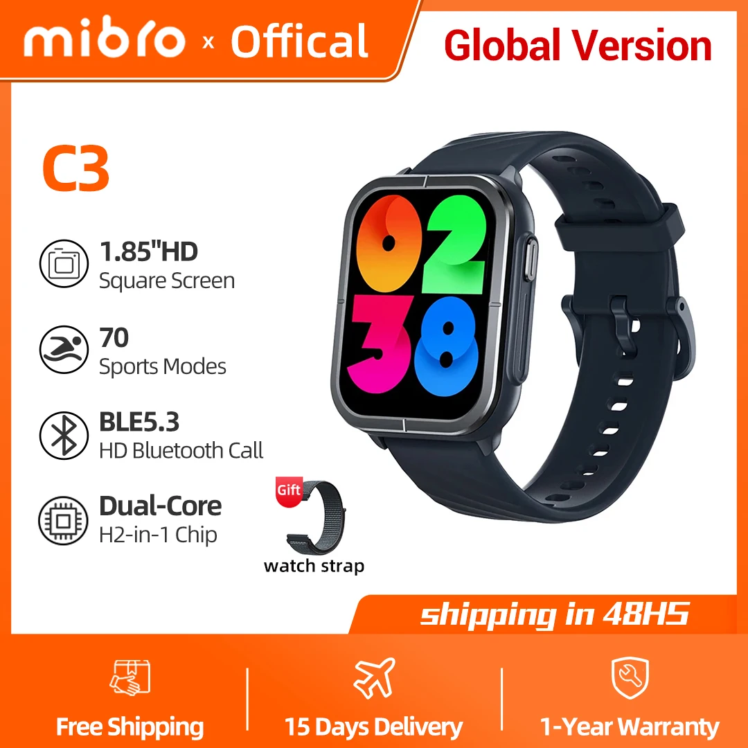 

Mibro C3 Smartwatch 1.85Inch HD Screen Dual Core Bluetooth Calling 4PD Heart Rate Monitoring 350mAh Sports Men Women Smart Watch