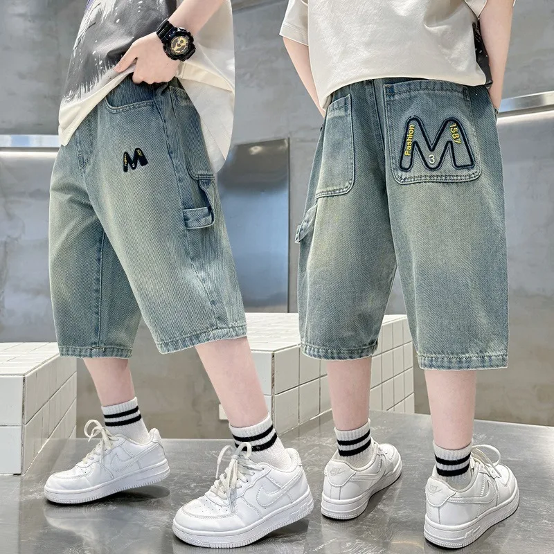 UNITIM 어린이 소년 데님 반바지 여름 얇은 그라데이션 주니어 소년 반바지 편지 주머니 4-14Yrs Handsome Boy Shorts Kids Shorts