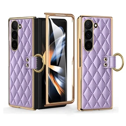 Elegant PU Leather Phone Case with Tempered Glass and Finger Ring - Premium Design - Galaxy Z Fold4 (Purple)