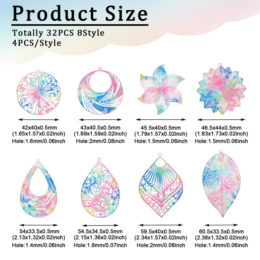 32Pcs Colorful Filigree Big Pendants Spray Painted Metal Teardrop  Leaf Flower Shape Charms for Earrings Necklace Diy Findings
