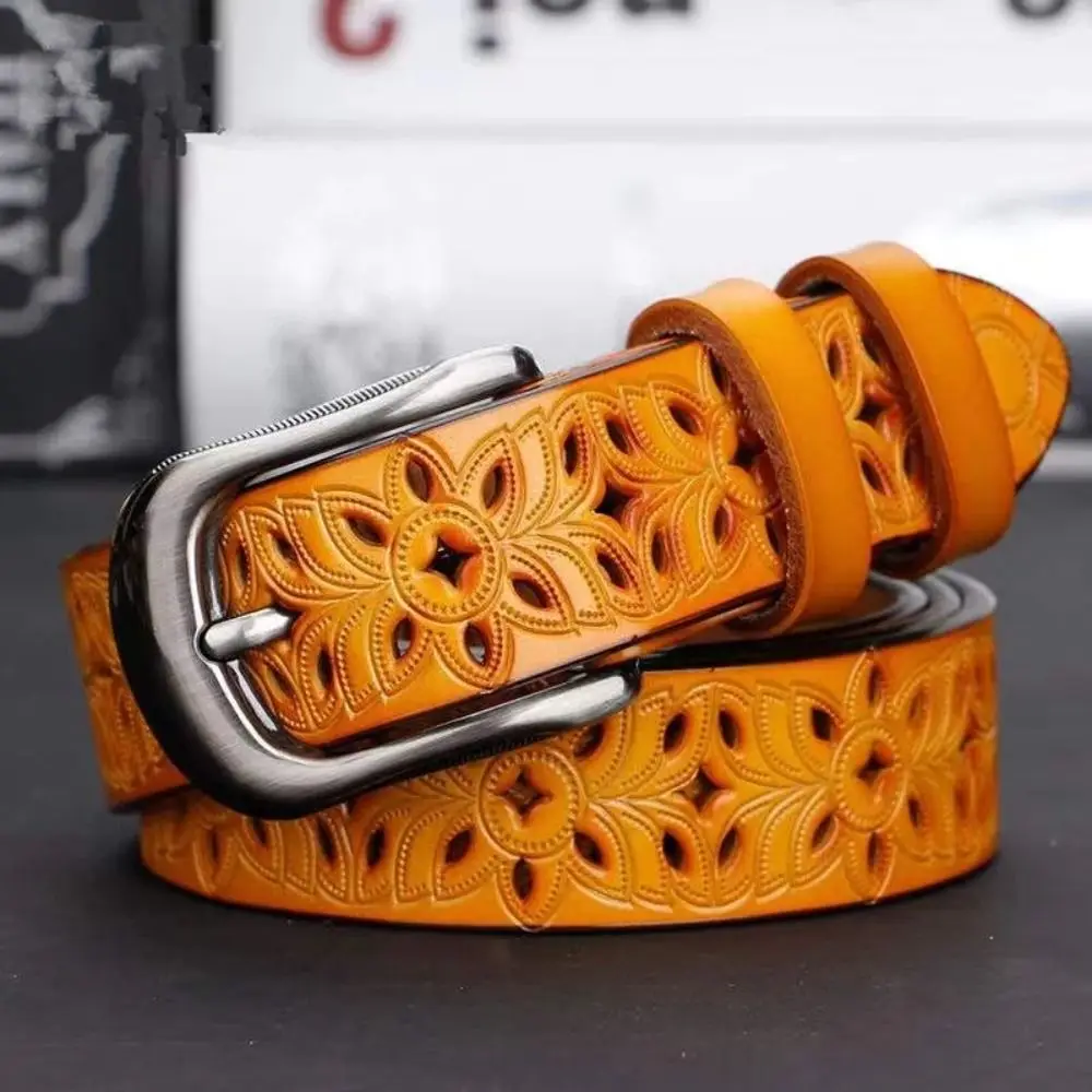 Women Leather Belts for Woman Belt Vintage Pin Buckle Strap Jeans Hollow Belt - 6