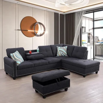 Modern Linen L-Shaped Modular Sectional Sofa – Upholstered Living Room Furniture Set 1