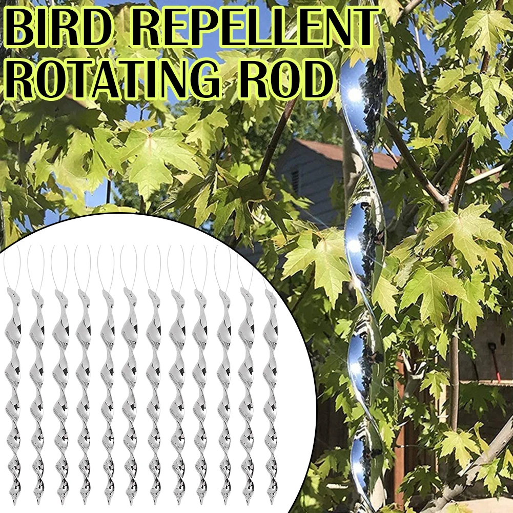 12-60pcs Bird Repellent Reflective Rods Scare Birds Repeller Wind Spiral Rotating Rod Hanging Ornaments for Home Garden Decor