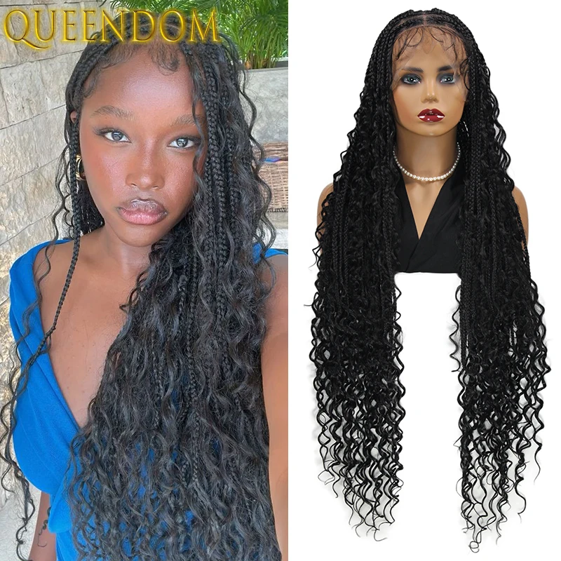 

36 Inch Bohemia Box Braided Wig Full Lace Knotless Goddess Cornrow Braid Wig With Curly Ends Lace Frontal Synthetic Braids Wigs