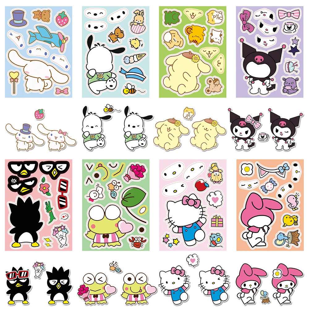8/16 시트 어린이 얼굴 만들기 Sanrio 퍼즐 스티커 Kawaii Anime 재미..