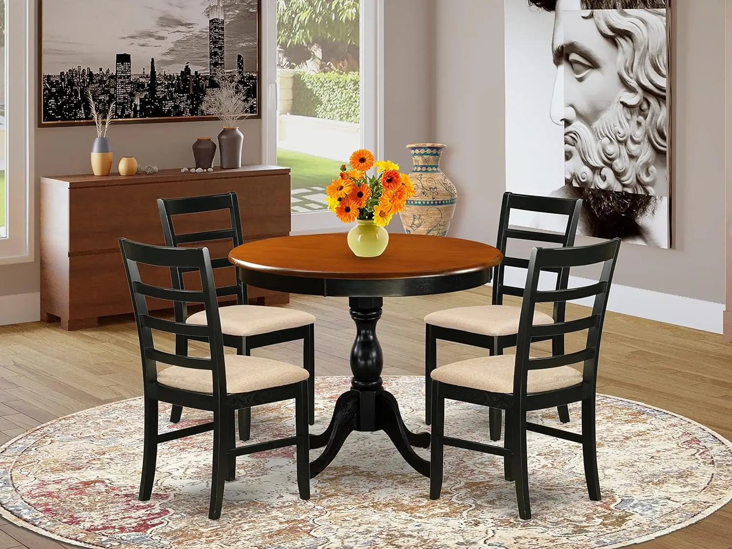 

East West Furniture AMPF5-BCH-C Antique 5 Piece Kitchen Set for 4 Includes a Round Table with Pedestal