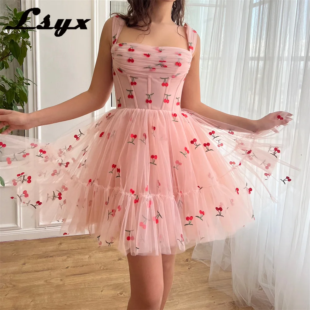 LSYX cereja Lace-Up vestido de baile, mangas Mini comprimento Homecoming vestidos, cintas de espaguete, uma linha, acima do joelho, 2022