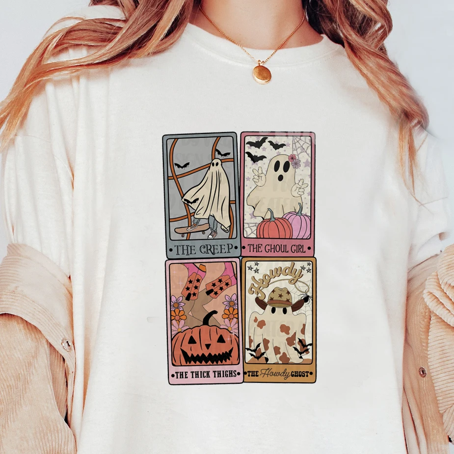 

New Casual Versatile Cute Top White T-shirt Short Sleeve Clothing Halloween New Women's Fashion Summer Pumpkin Print T-shirt.