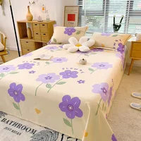 Botanical Floral Flat Sheet, Soft Purple Flower Print Bed Sheet Set Brushed Cotton Bed Cover with 2 Pillowcase Twin Queen Size 3