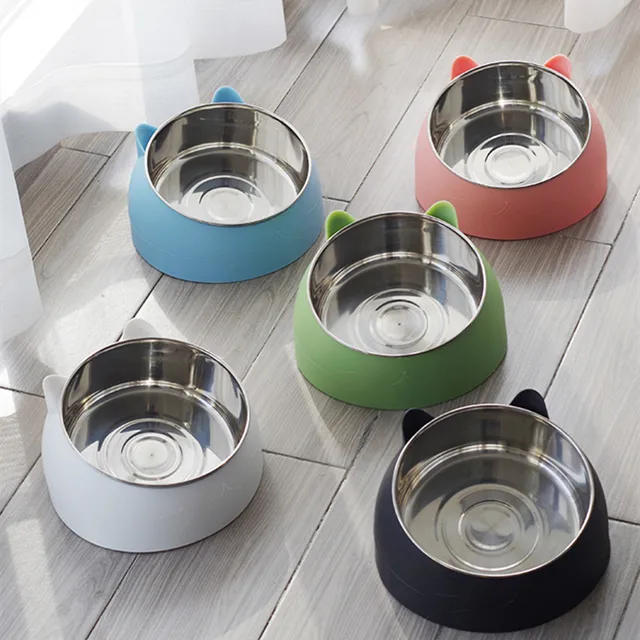 200ml Cat Bowl Lovely Creative Inclined Kitten Puppy Food Feeding Bowls Stainless Steel Cats Drinking Feeder Pet Feeders