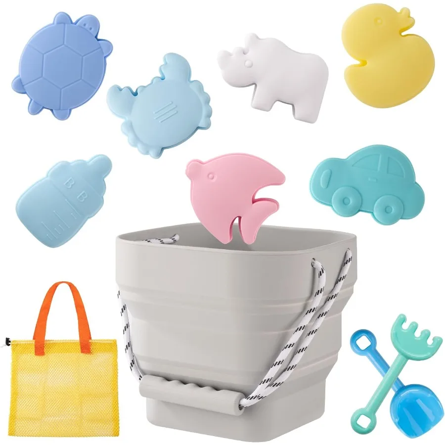 Silicone Beach Toys Modern Baby Travel Friendly Beach Set Bucket Shovel 7 Sand Molds Bag Sand Toys for Toddlers 11pc Light Gray