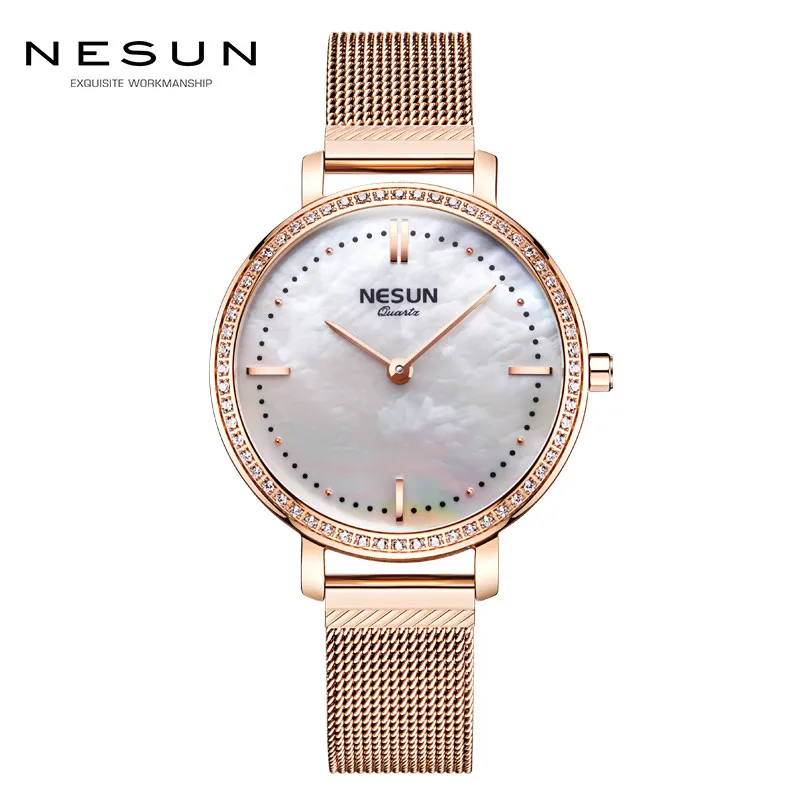 New Switzerland NESUN Luxury Brand Japan MIYOTA Quartz Women\'s Watches Pearl Diamond 7 MM Ultra-thin Full Steel Clock N8809-4