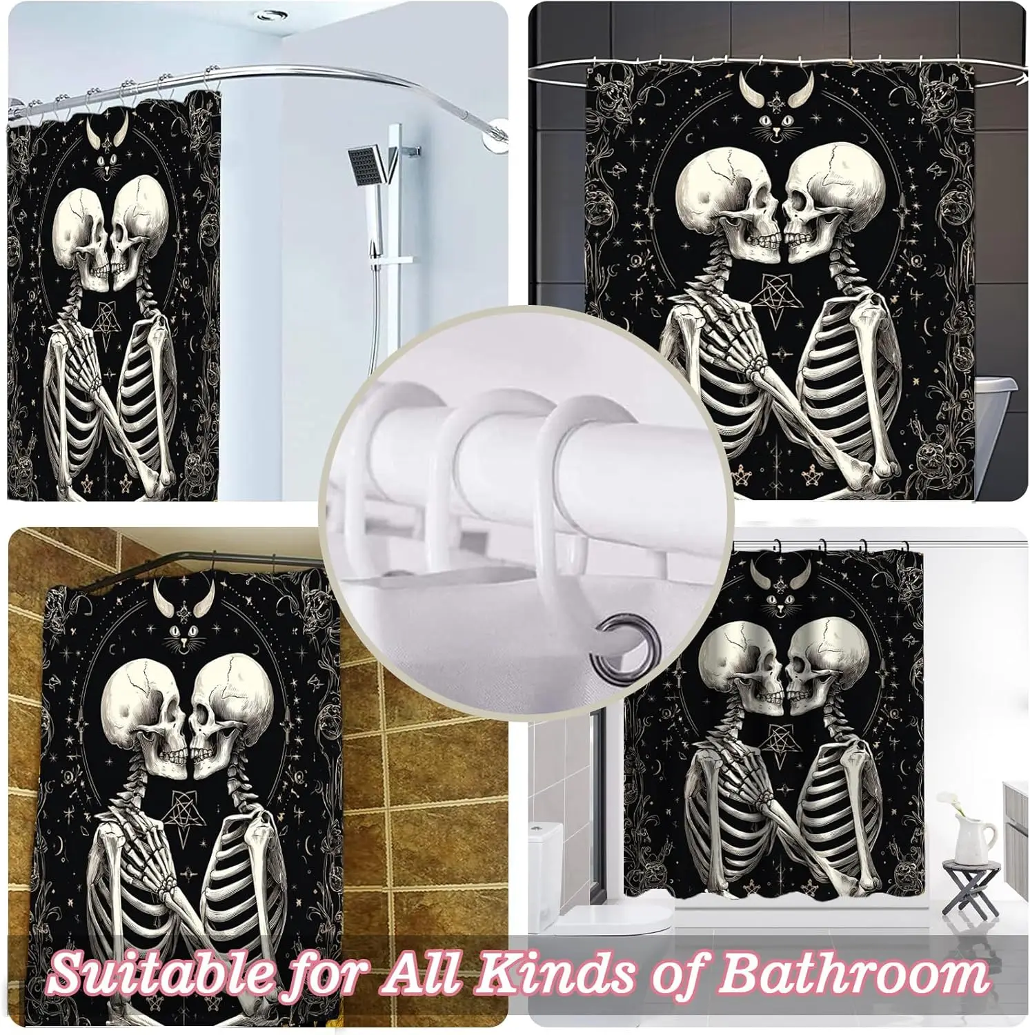 욕실용 할로윈 커튼, 4피스 고딕 해골 블랙 샤워 커튼 및 러그 욕실 장식 세트, 해골 커플 할로윈