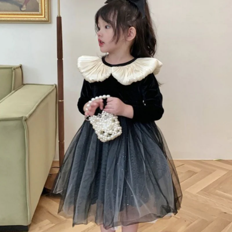 

Girl Dress Kids Baby Party Birthday Evening Gown 2024 Black Spring Autumn Cotton Teenagers Outwear Flower Girl Dress Children Cl